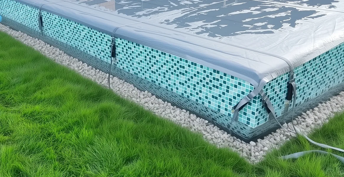 Покрывало для бассейна под снегом — защита зимой в Гатчине